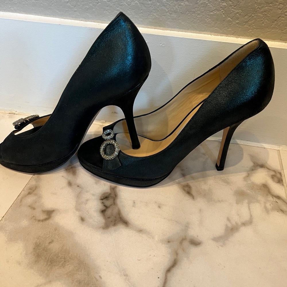 Jimmy Choo -  Forest Green-Satin Open-Toed Pumps - Picture 2 of 7